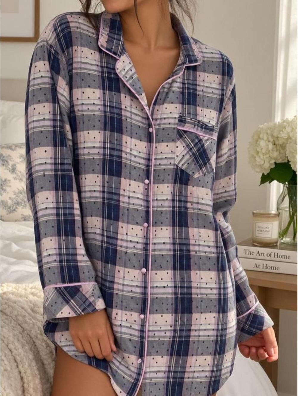 Victoria’s Secret Plaid Polka Dot Sleepshirt Pink Pajama Shirt